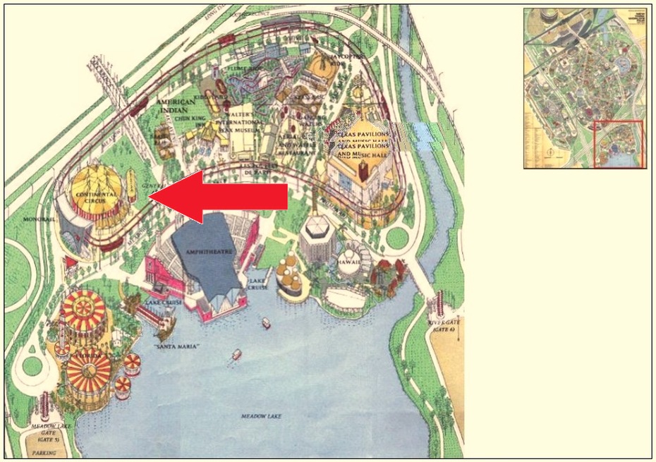 Continental Park location on the Amusement Area of the 1964 Official Souvenir Map, with a red arrow pointing to Continental Park