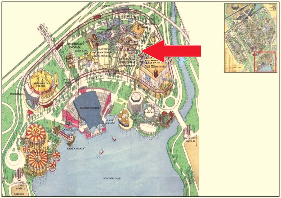 Dancing Waters location on the Amusement Area of the 1964 Official Souvenir Map, with a red arrow pointing to Dancing Waters