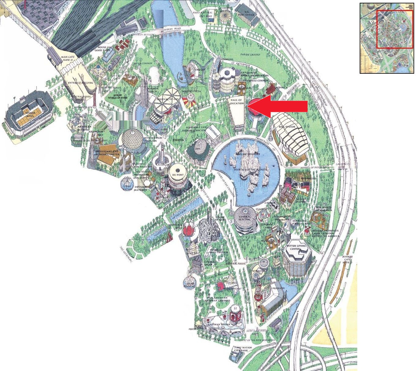 Demonstration Center location on the Industrial Area of the 1964 Official Souvenir Map, with a red arrow pointing to the Demonstration Center