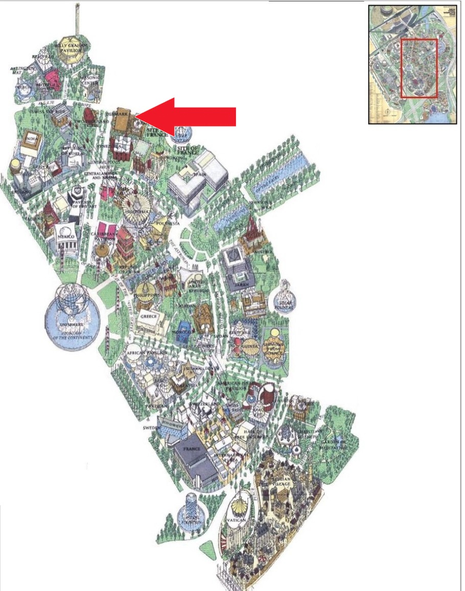 Denmark location on the International Area of the 1964 Official Souvenir Map, with a red arrow pointing to the Denmark pavilion
