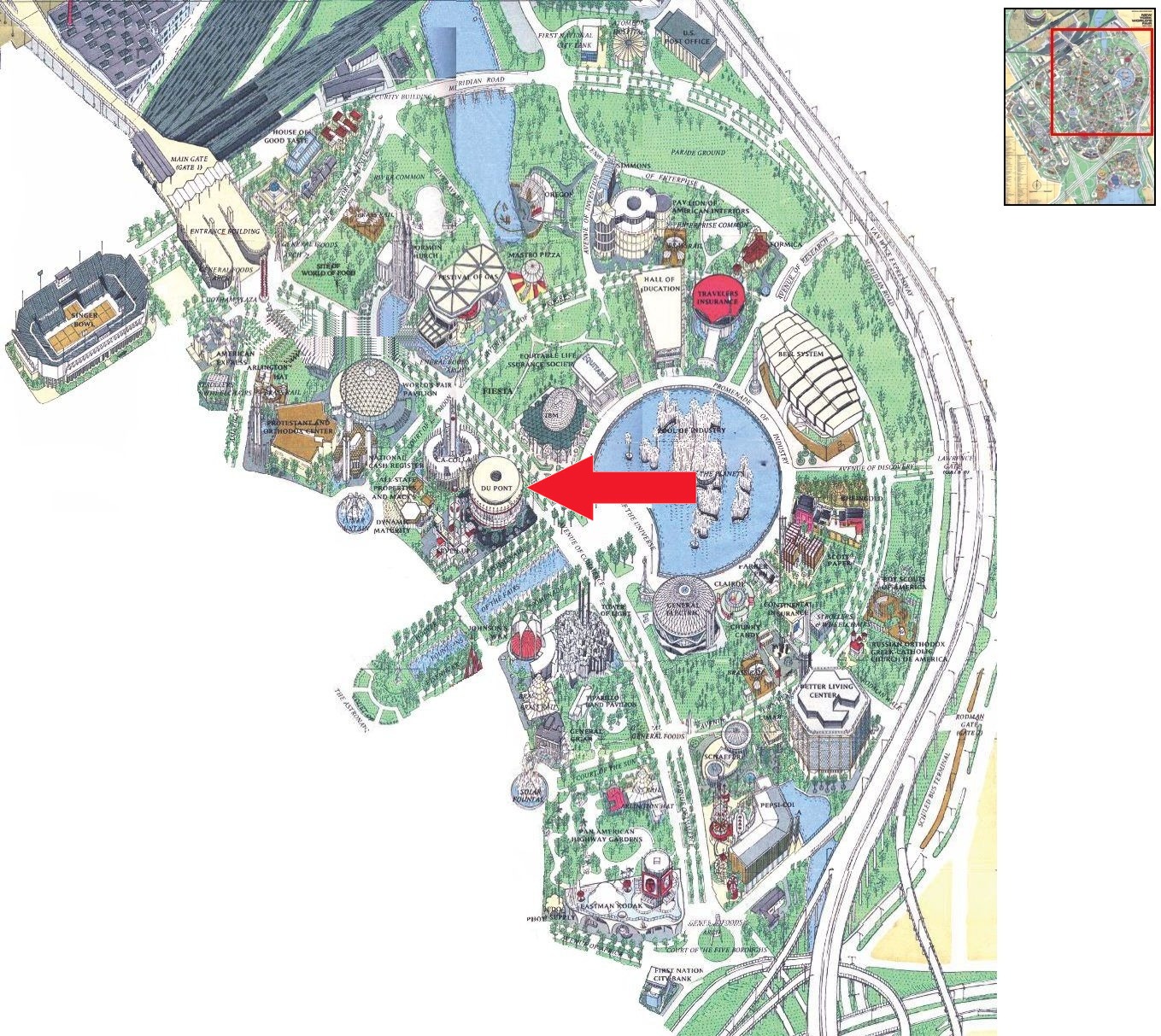 DuPont pavilion location on the Industrial Area of the 1964 Official Souvenir Map, with a red arrow pointing to DuPont