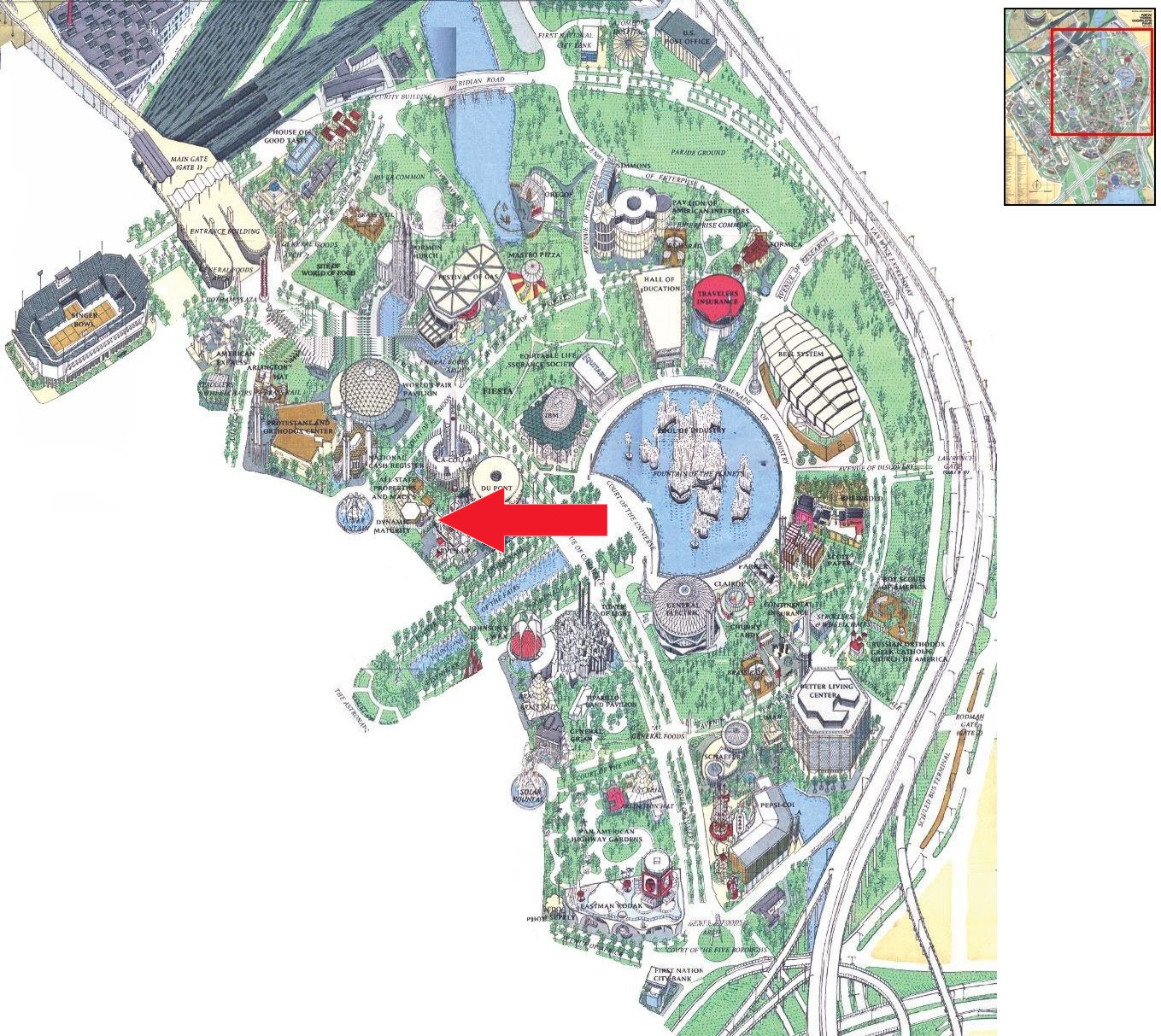 Dynamic Maturity pavilion location on the Industrial Area of the 1964 Official Souvenir Map, with a red arrow pointing to Dynamic Maturity
