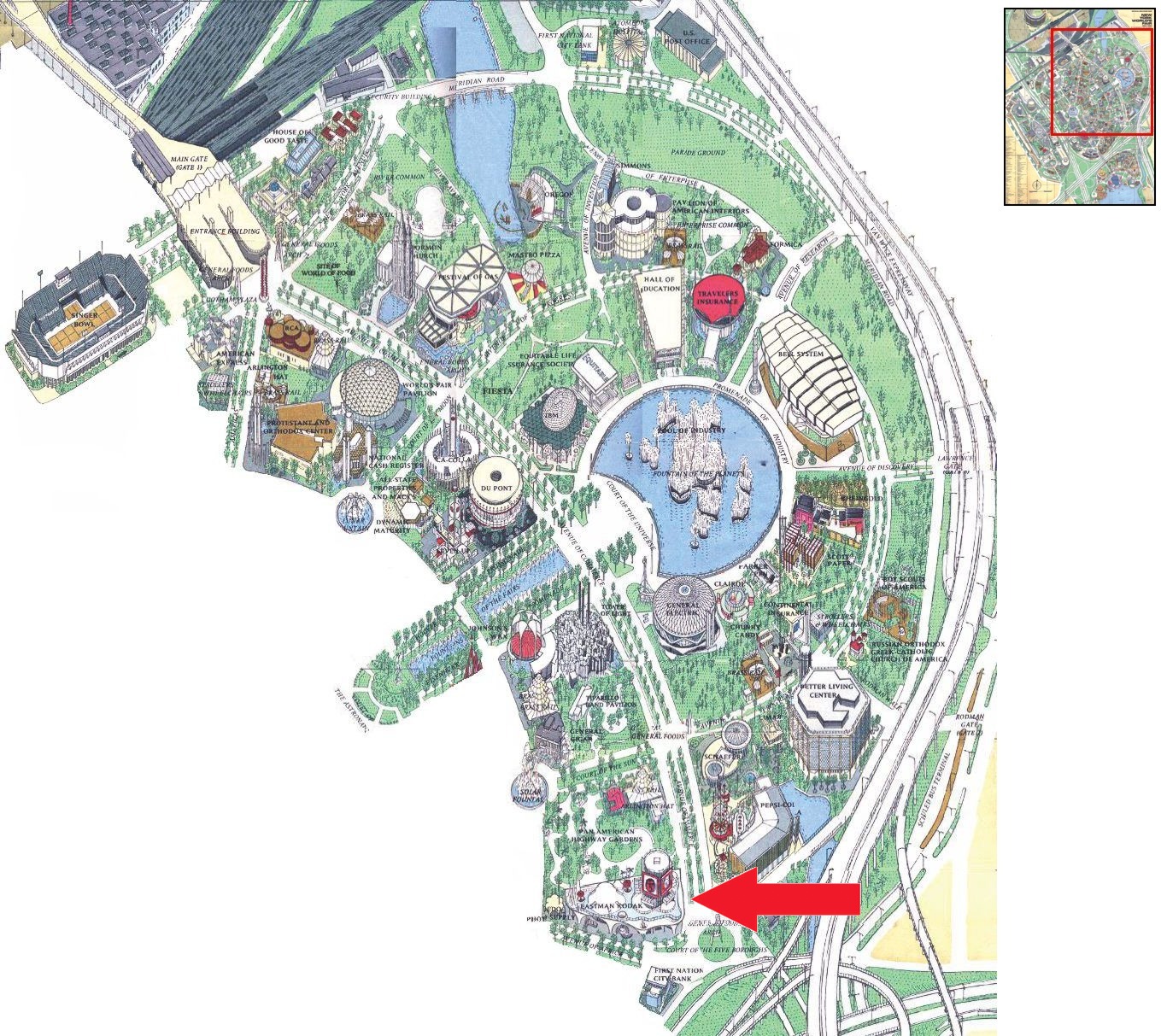 Eastman Kodak Pavilion location on the Industrial Area of the 1964 Official Souvenir Map, with a red arrow pointing to Eastman Kodak