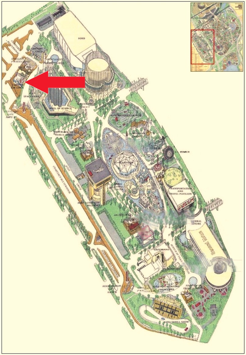 Eastern Air Lines location on the Transportation Area of the 1964 Official Souvenir Map, with a red arrow pointing to Eastern Air Lines