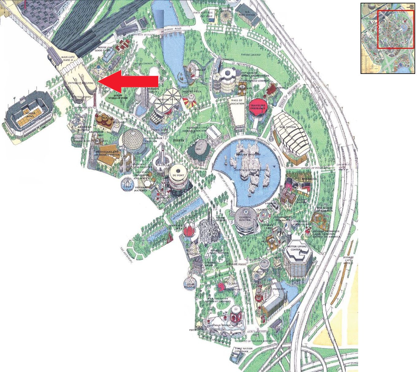 Entrance Building location on the Industrial Area of the 1964 Official Souvenir Map, with a red arrow pointing to the Entrance Building