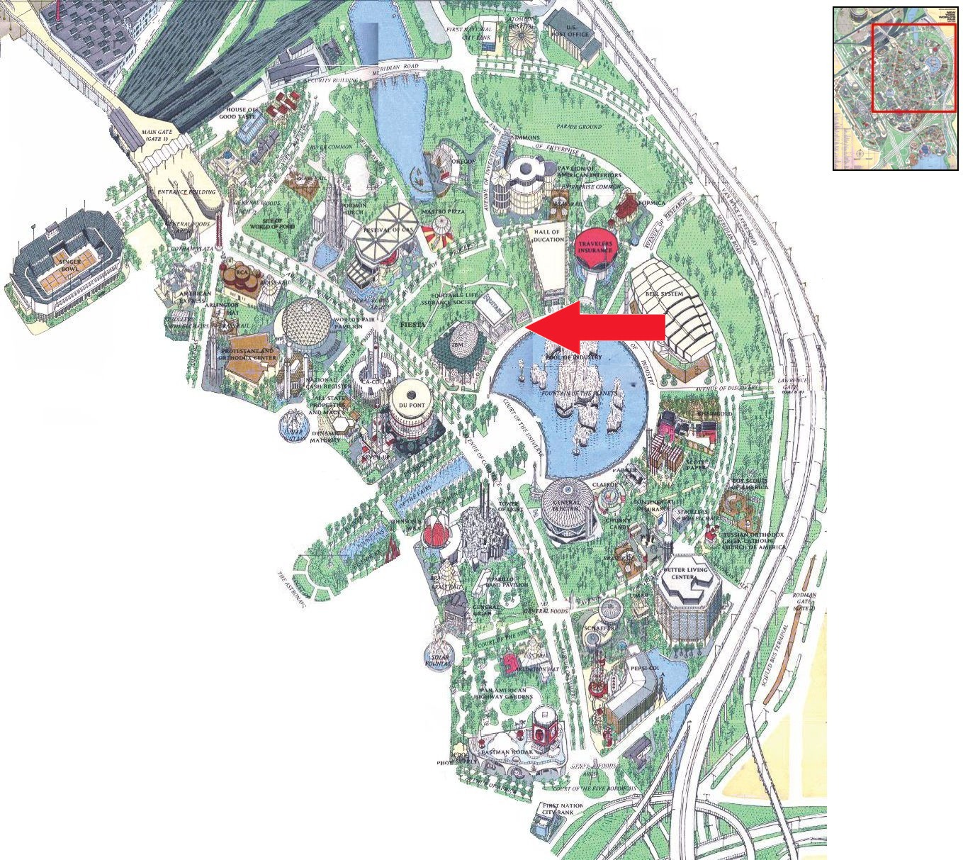 Equitable Life Assurance Society location on the Industrial Area of the 1964 Official Souvenir Map, with a red arrow pointing to Equitable Life