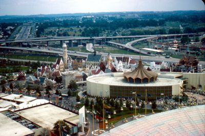 The Fair looking southeast toward the Vatican Pavilion and Belgian Village from the New York State Pavilion observation towers