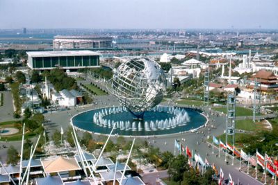 The Fair looking north toward Unisphere and the United States Pavilion from the New York State Pavilion observation towers