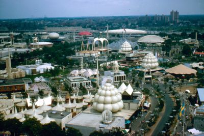 The Fair looking east over the International Area toward the Industrial Area from the New York State Pavilion observation towers