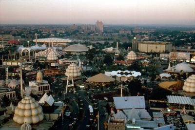 The Fair looking east over the International Area toward the Industrial Area from the New York State Pavilion observation towers