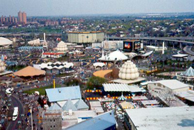 The Fair looking east over the International Area toward the Industrial Area from the New York State Pavilion observation towers