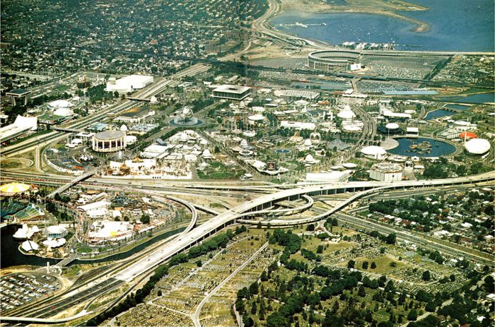 Aerial view of the entire Fairgrounds looking north toward Flushing Bay and LaGuardia Airport in Queens