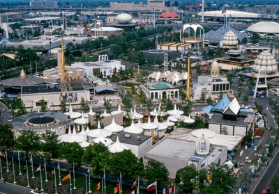 The Fair looking east over the International Area toward the Industrial Area from the New York State Pavilion observation towers