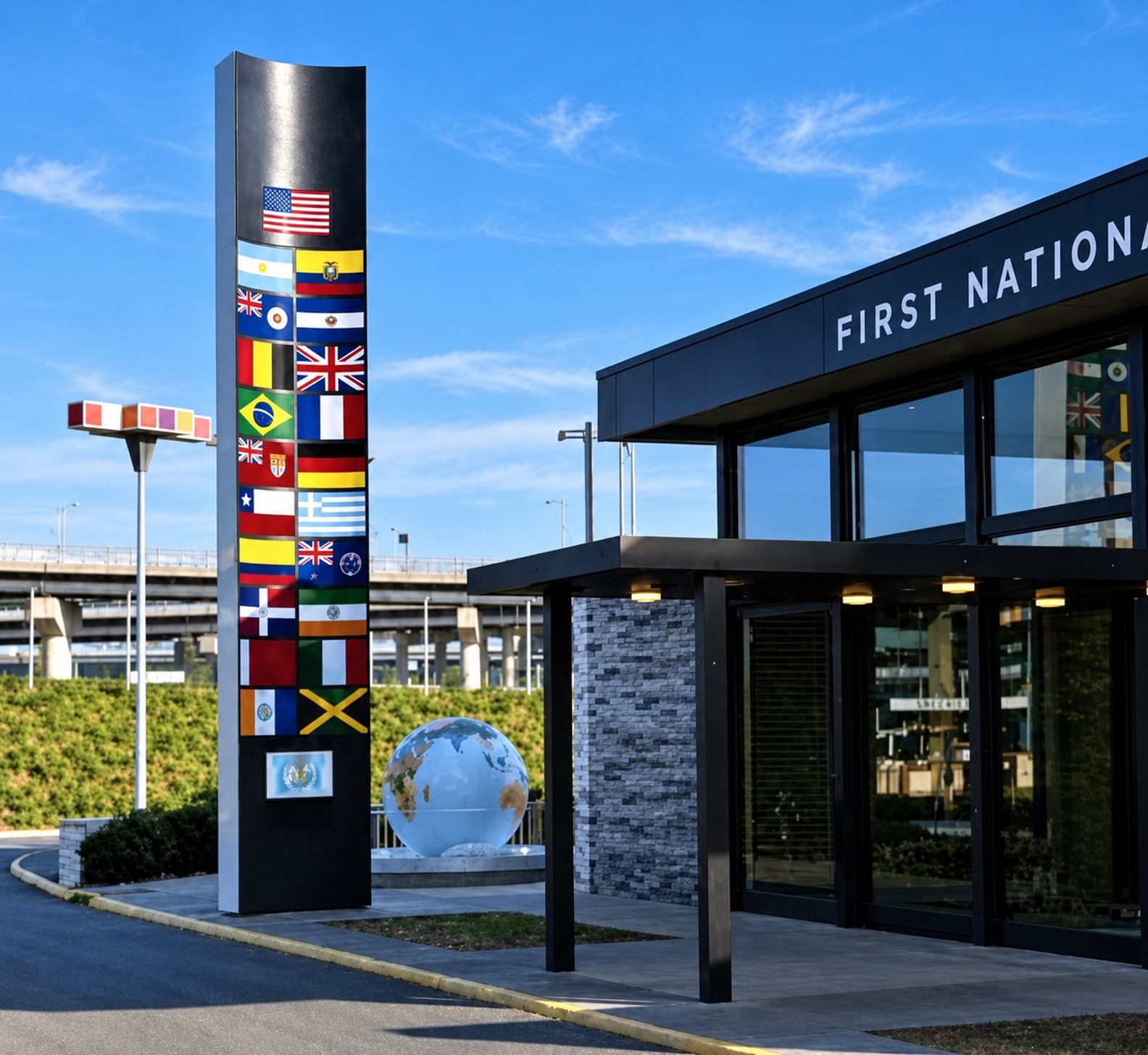 First National City Bank — pavilion with international flags and globe