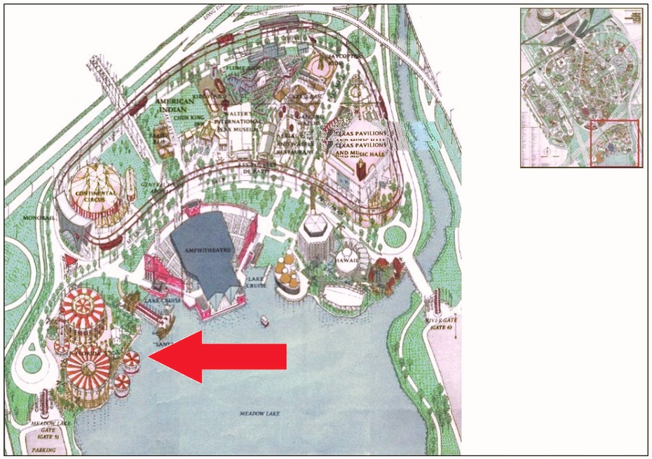 Florida Pavilion location on the Amusement Area of the 1964 Official Souvenir Map, with a red arrow pointing to Florida
