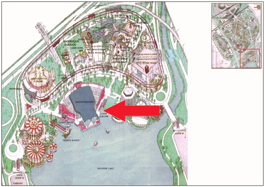 Florida Citrus Water Ski Show location on the Amusement Area of the 1964 Official Souvenir Map, with a red arrow pointing to the Amphitheatre