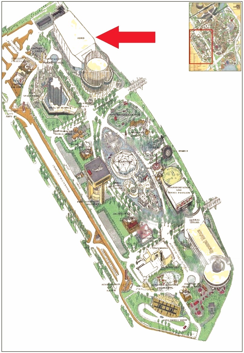 Ford Pavilion location on the Transportation Area of the 1964 Official Souvenir Map, with a red arrow pointing to Ford