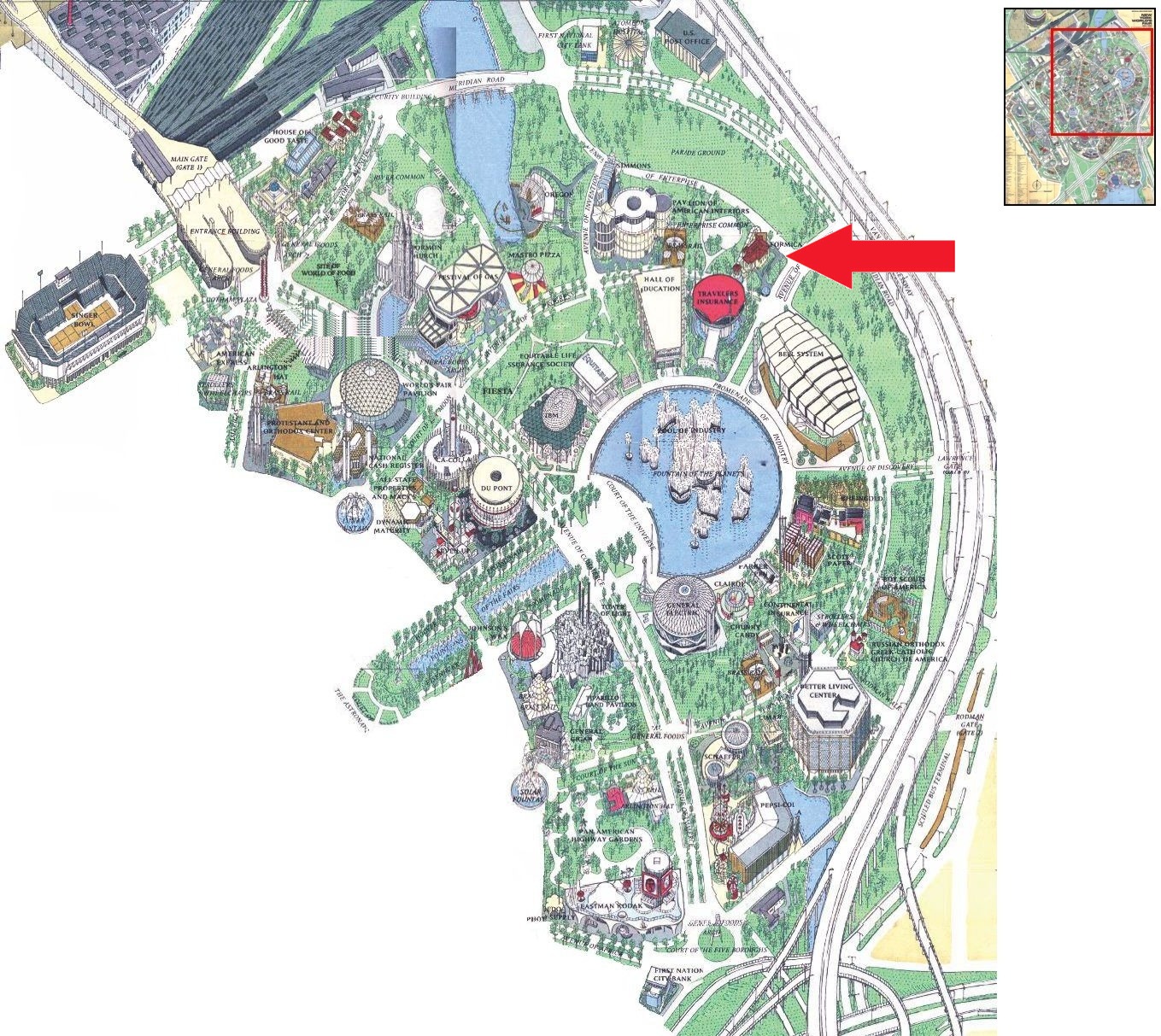 Formica World's Fair House location on the Industrial Area of the 1964 Official Souvenir Map, with a red arrow pointing to Formica