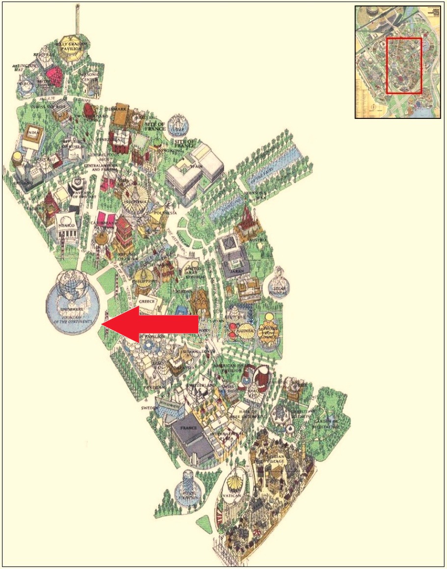 Fountain of the Continents location on the International Area of the 1964 Official Souvenir Map, with a red arrow pointing to the fountain
