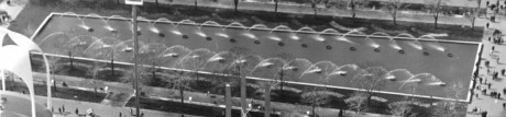Aerial View shows the East Pond with Fountains of the Fairs