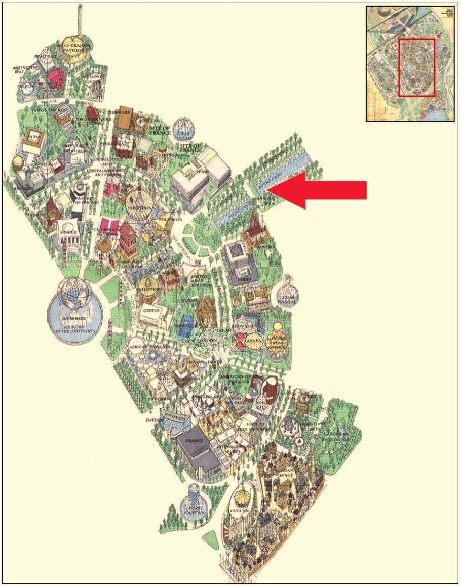 Fountains of the Fairs location on the International Area of the 1964 Official Souvenir Map, with a red arrow pointing to the fountains