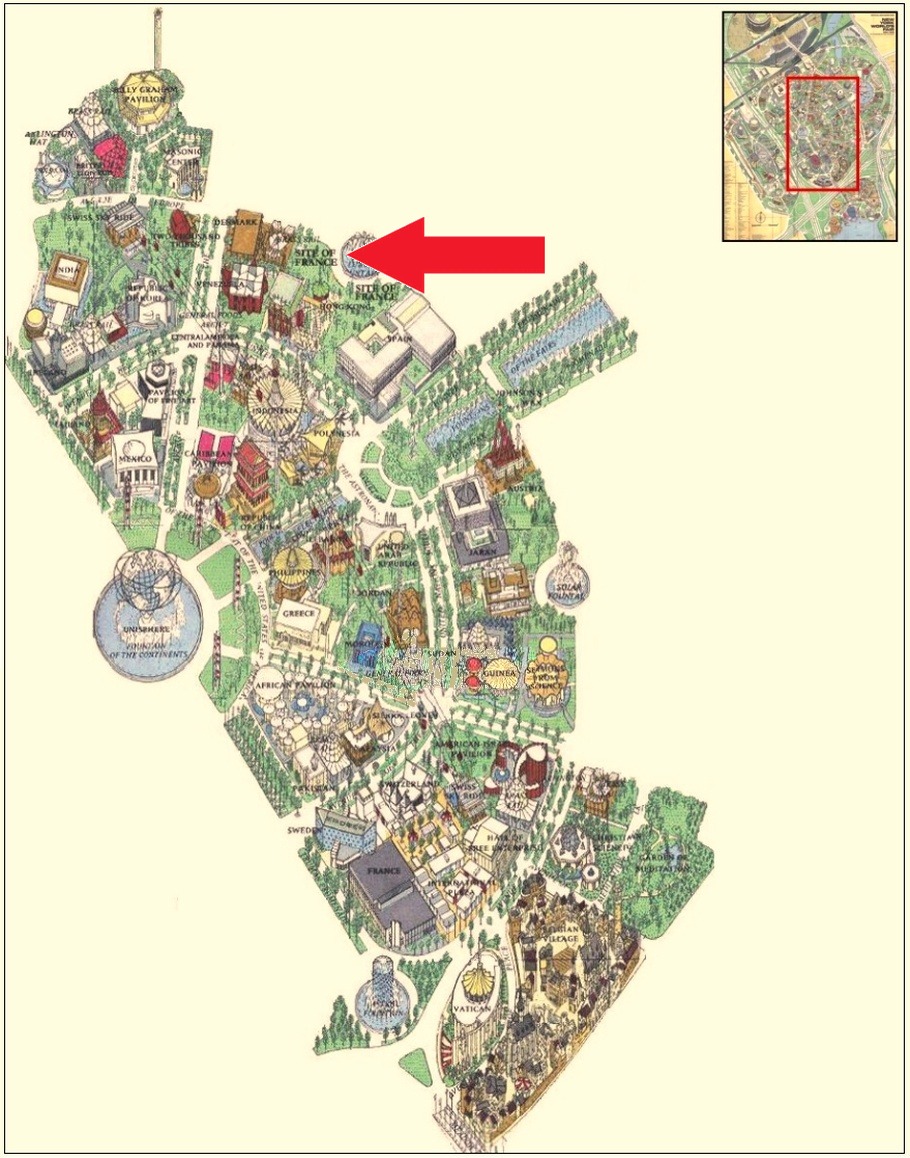 Pavilion of France site location on the International Area of the 1964 Official Souvenir Map, with a red arrow pointing to the site