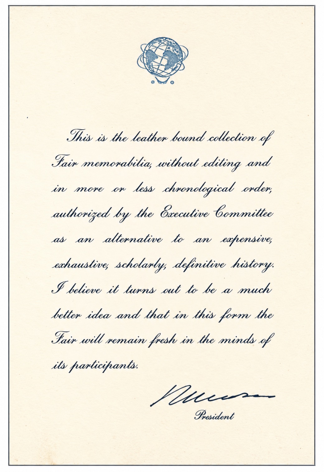 Introduction letter from the President — For Those Who Produced the New York World’s Fair 1964-1965