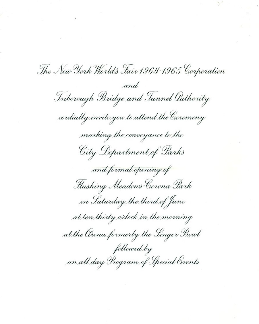 Invitation to Reopening of Flushing Meadows Park from For Those Who Produced the New York World’s Fair 1964-1965