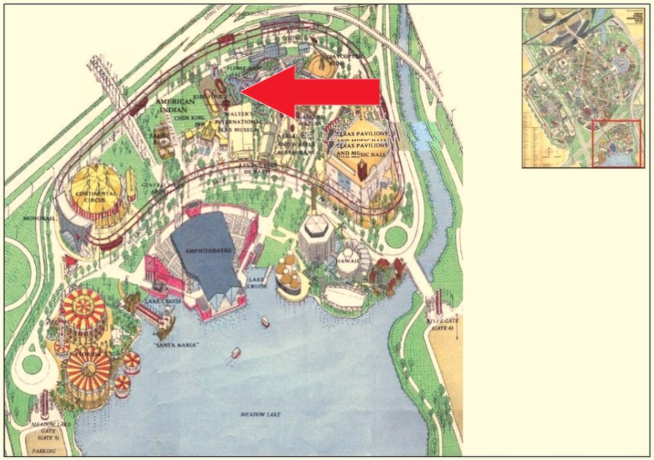 Funland location on the Amusement Area of the 1964 Official Souvenir Map, with a red arrow pointing to the attraction