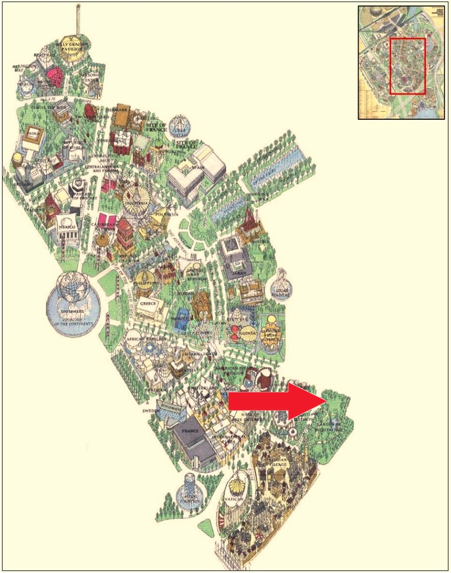 Garden of Meditation location on the International Area of the 1964 Official Souvenir Map, with a red arrow pointing to the garden