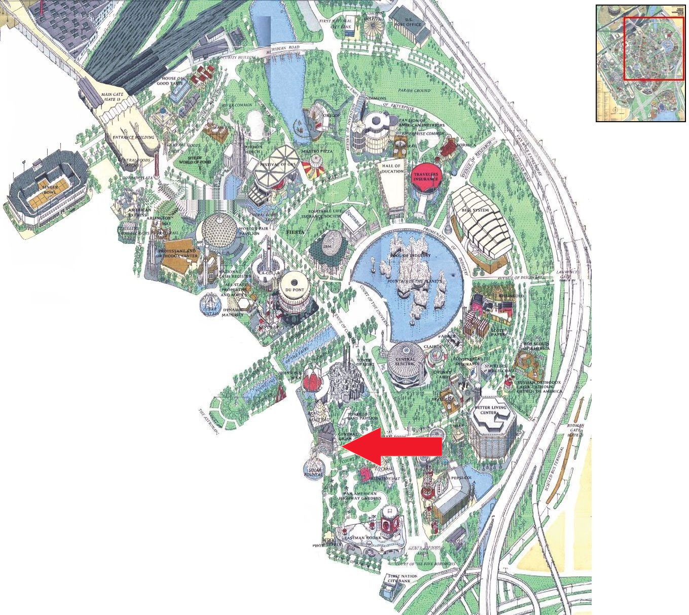 General Cigar Pavilion location on the Industrial Area of the 1964 Official Souvenir Map, with a red arrow pointing to General Cigar