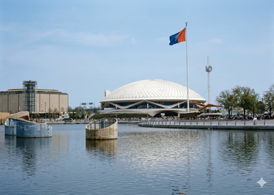 General Electric Pavilion from across the Pool of Industry
