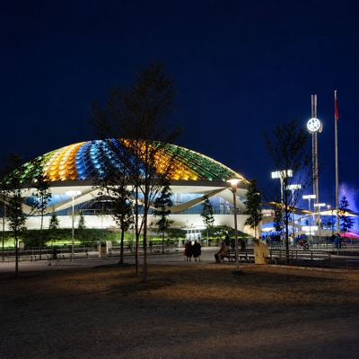 Swirling lights atop the General Electric Pavilion