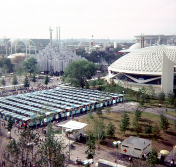 Oh those lines! Lines! Lines! (Top) Crowds wait in open-air lines to enter the GE exhibit. Waits of 2 hours or more were