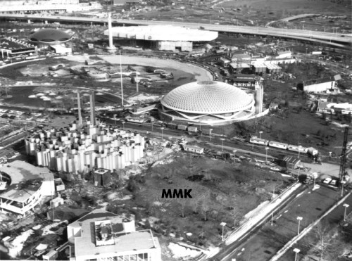 Aerial views of the General Electric Pavilion under construction. (Top) Spring/Summer 1963. (Bottom) Fall/Winter 1963.
