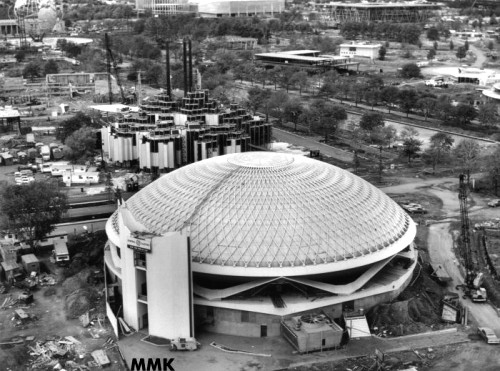 Aerial views of the General Electric Pavilion under construction. (Top) Spring/Summer 1963. (Bottom) Fall/Winter 1963.