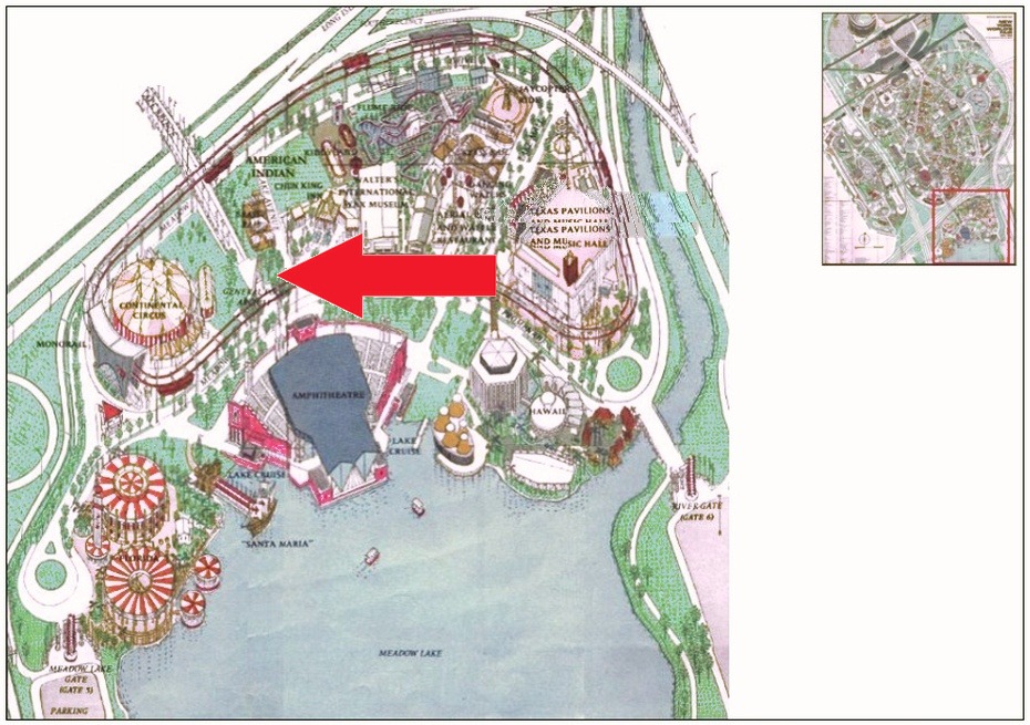 General Foods Arches location on the Amusement Area of the 1964 Official Souvenir Map, with red arrows pointing to the arches