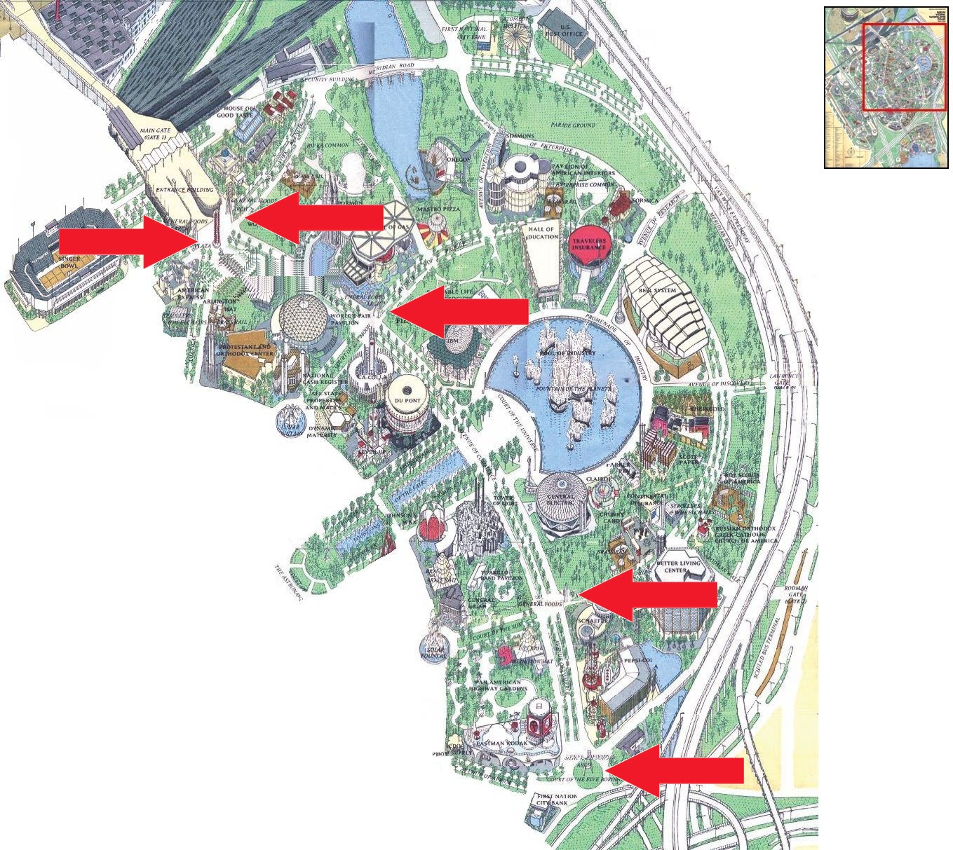 General Foods Arches location on the Industrial Area of the 1964 Official Souvenir Map, with red arrows pointing to the arches