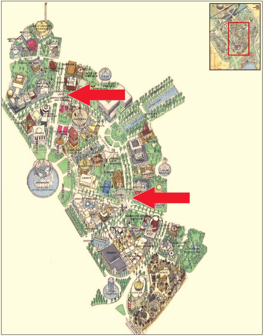 General Foods Arches location on the International Area of the 1964 Official Souvenir Map, with red arrows pointing to the arches
