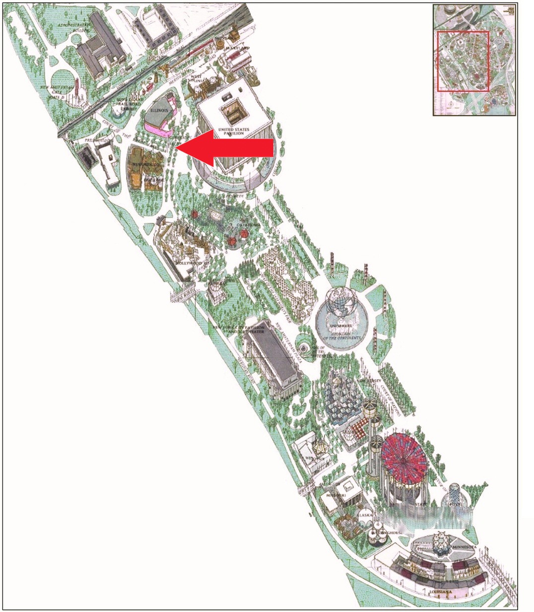 General Foods Arches location on the Federal and State Area of the 1964 Official Souvenir Map, with red arrows pointing to the arches