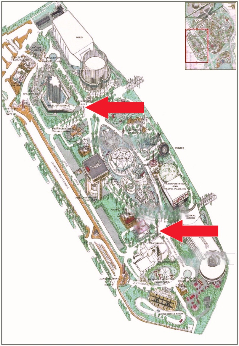 General Foods Arches location on the Transportation Area of the 1964 Official Souvenir Map, with red arrows pointing to the arches