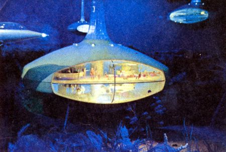 One possibility of our future, GM Futurama designers would have us believe, is undersea living. Here an aquasub (left) cruises among transparent bubbles that make up the resort Hotel Atlantis.