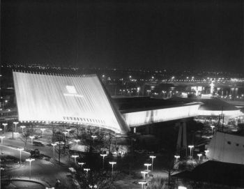 Night view of illuminated GM Building