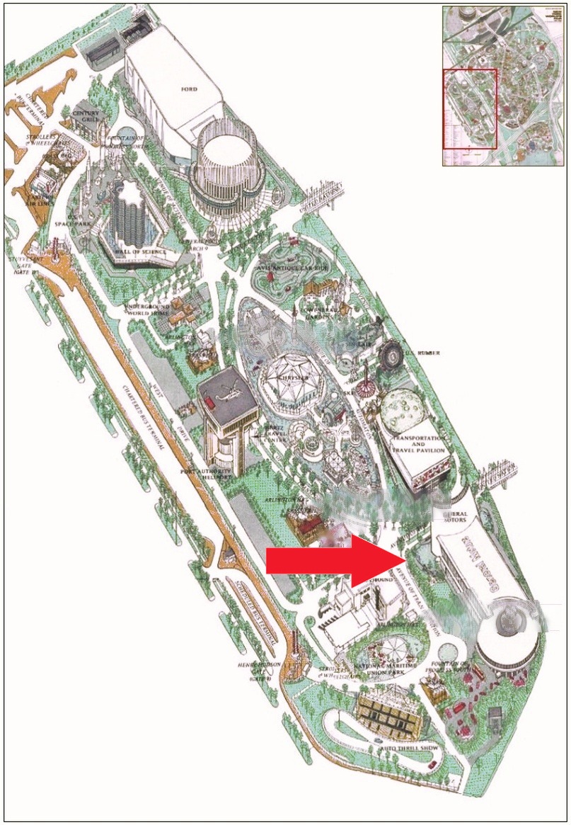 General Motors Pavilion location on the Transportation Area of the 1964 Official Souvenir Map, with a red arrow pointing to General Motors
