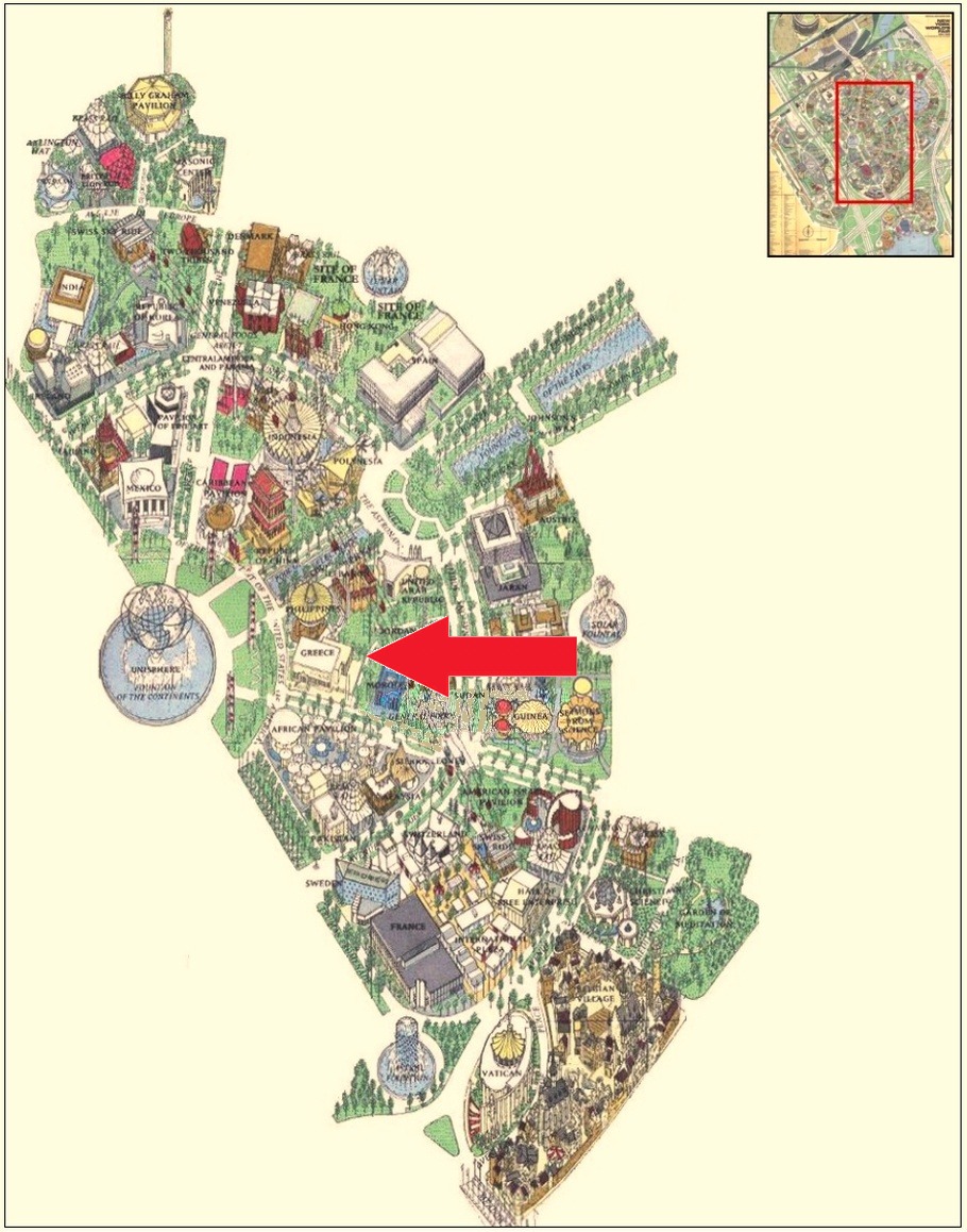 Greece pavilion location on the International Area of the 1964 Official Souvenir Map, with a red arrow pointing to the pavilion