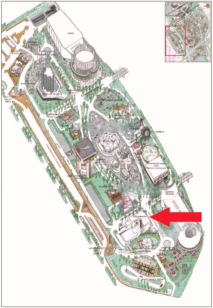Greyhound pavilion location on the Transportation Area of the 1964 Official Souvenir Map, with a red arrow pointing to the pavilion