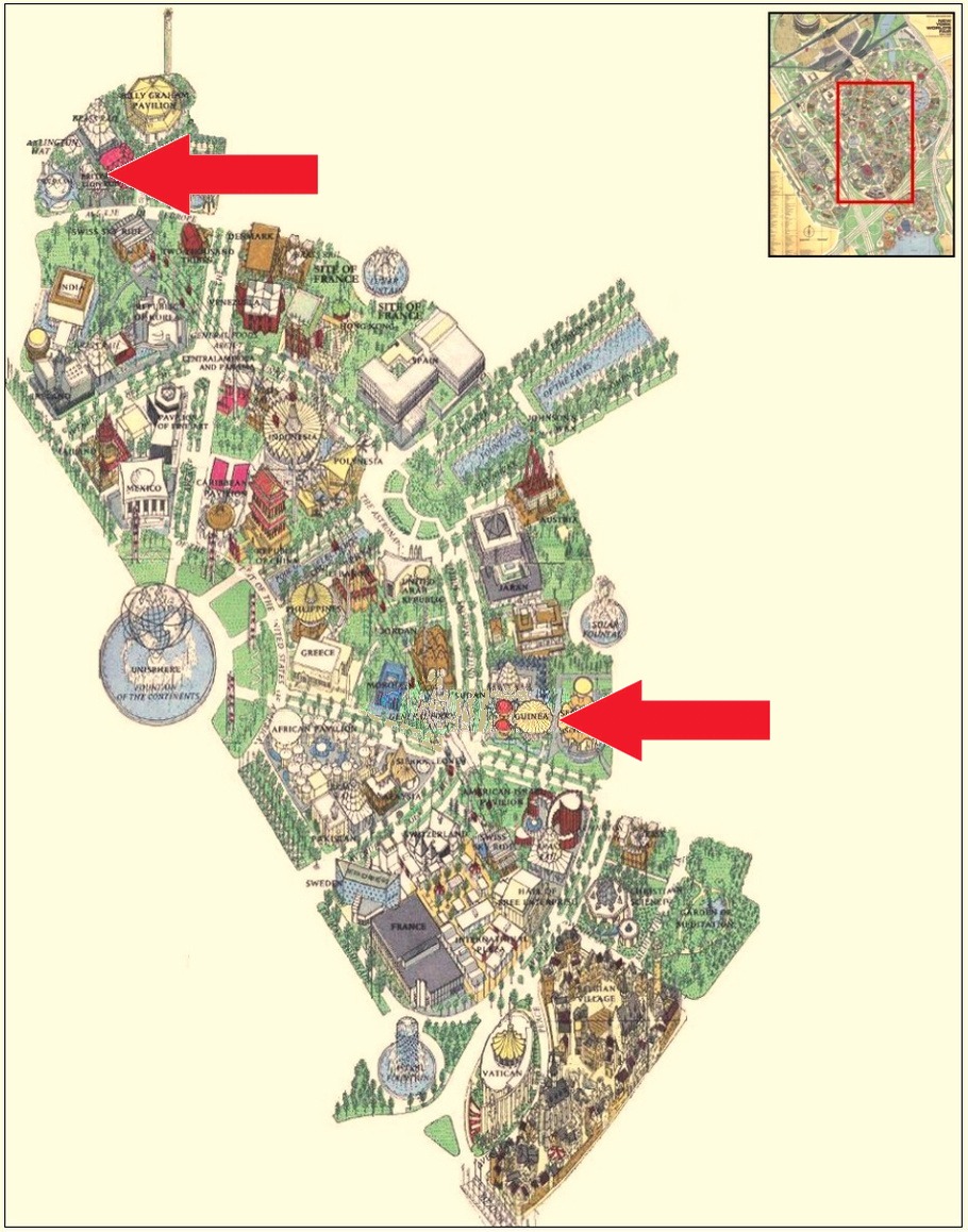 Guinea pavilion location on the International Area of the 1964 Official Souvenir Map, with a red arrow pointing to the pavilion