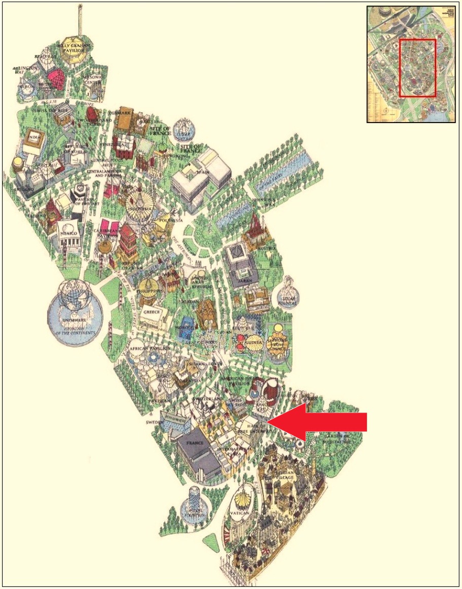 Hall of Free Enterprise location on the International Area of the 1964 Official Souvenir Map, with a red arrow pointing to the pavilion