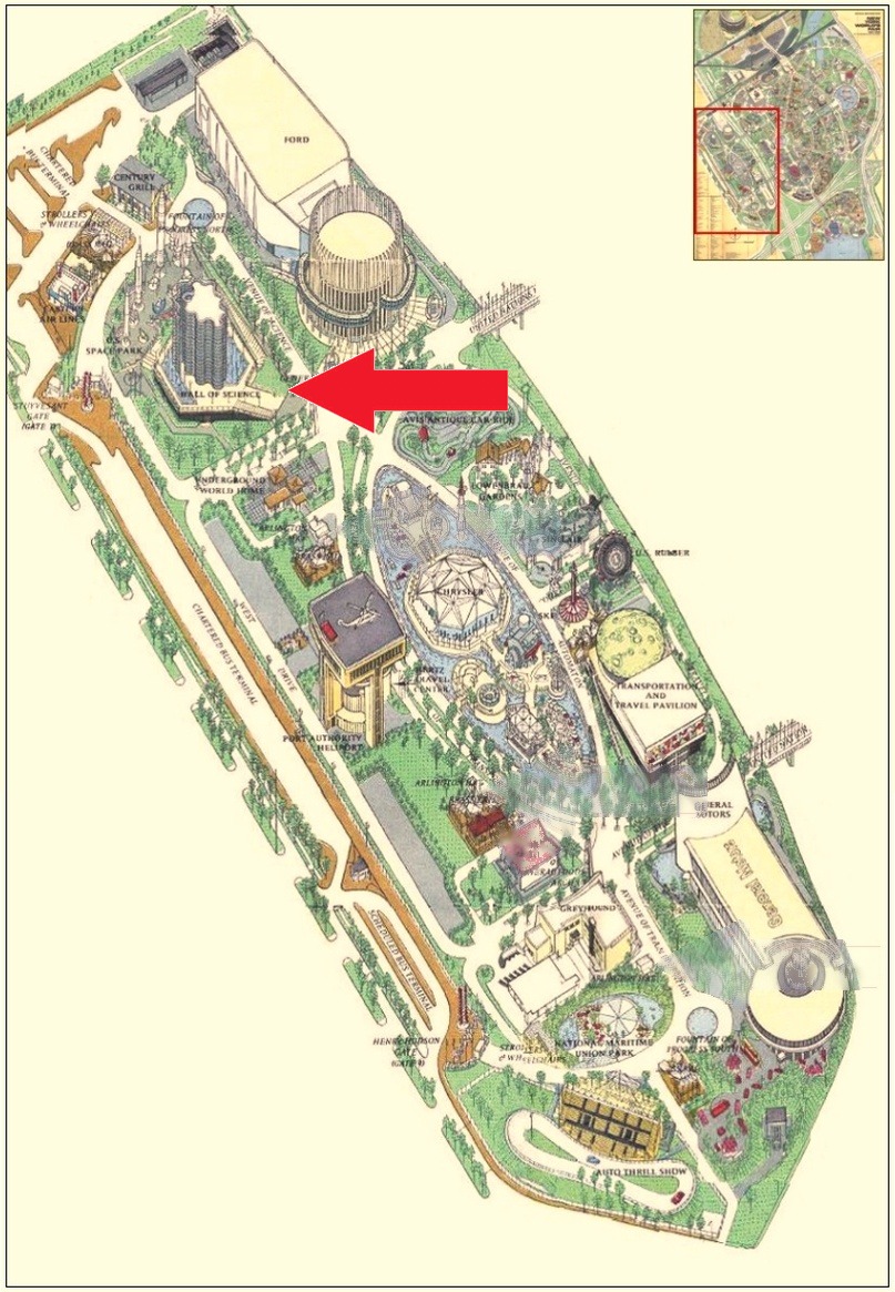 Hall of Science location on the Transportation Area of the 1964 Official Souvenir Map, with a red arrow pointing to the pavilion