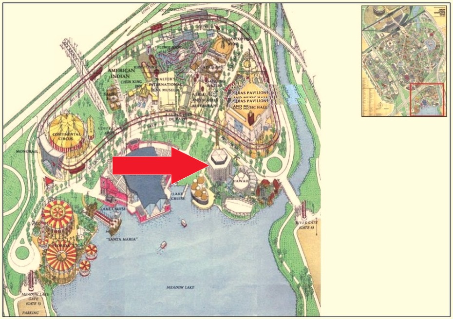 Hawaii pavilion location on the Amusement Area of the 1964 Official Souvenir Map, with a red arrow pointing to Hawaii